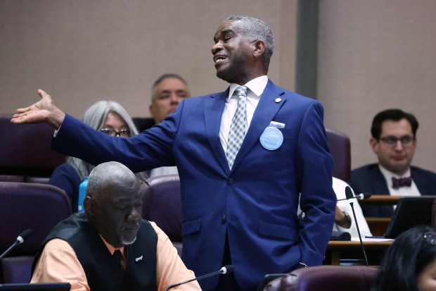 Chicago Ald. David Moore, 17th, comments on ShotSpotter during a Chicago City Council meeting on May 22, 2024. (Terrence Antonio James/Chicago Tribune)