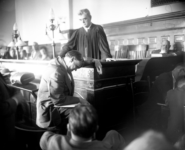 Chief defense attorney and noted Chicago lawyer, Clarence Darrow, seated, makes his case before Judge John R. Caverly in the murder trail against Richard Loeb and Nathan Leopold Jr. in the summer of 1924. Darrow's masterful handling of the case has been the subject of books and movies. (Chicago Tribune historical photo)