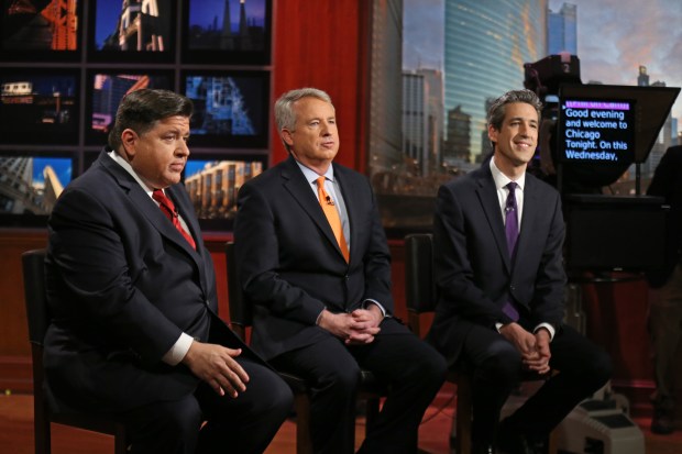 Then-Democratic gubernatorial candidates JB Pritzker, from left, Chris Kennedy and Daniel Biss attend a forum at WTTW in Chicago, March 14, 2018. (Nuccio DiNuzzo/Chicago Tribune)