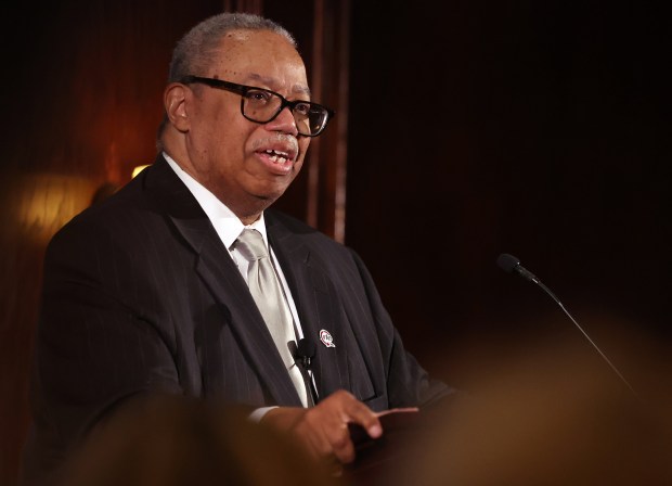 Dorval Carter, president of the Chicago Transit Authority, acknowledges the four people killed recently on a Blue Line train and the CTA worker who was shot, before the start of his talk at City Club Chicago on Sept. 19. 2024, in Chicago. (Stacey Wescott/Chicago Tribune)