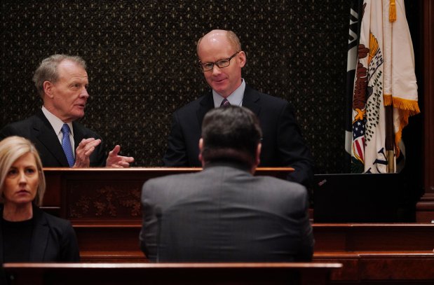 Gov. JB Pritzker and then-Speaker Mike Madigan, left, acknowledge new Senate President Don Harmon at the Illinois State Capitol in Springfield, Jan. 29, 2020. (E. Jason Wambsgans/Chicago Tribune)