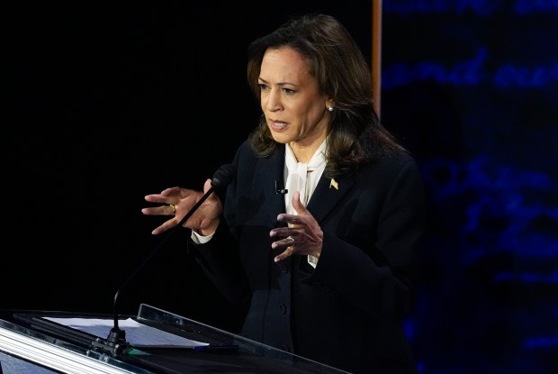 Democratic presidential nominee Vice President Kamala Harris speaks during a presidential debate with Republican presidential nominee former President Donald Trump at the National Constitution Center, Tuesday, Sept.10, 2024, in Philadelphia. (Alex Brandon/AP)