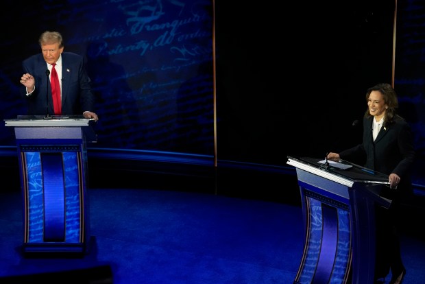 Republican presidential nominee former President Donald Trump and Democratic presidential nominee Vice President Kamala Harris participate during an ABC News presidential debate at the National Constitution Center on Tuesday, Sept.10, 2024, in Philadelphia. (Alex Brandon/AP)