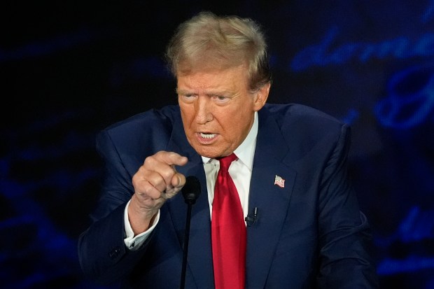 Republican presidential nominee former President Donald Trump speaks during a presidential debate with Democratic presidential nominee Vice President Kamala Harris at the National Constitution Center on Tuesday, Sept.10, 2024, in Philadelphia. (Alex Brandon/AP)