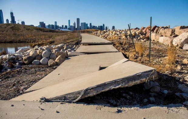 Sections of the sidewalk damaged by erosion on Northerly Island in 2018. (Brian Cassella/Chicago Tribune)