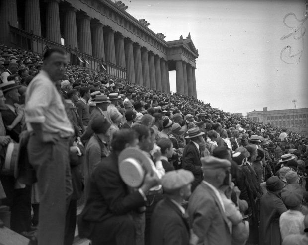 A large crowd gathers at Soldier Field for aviator Charles Lindbergh during his visit to Chicago in 1927. (Chicago Herald and Examiner)