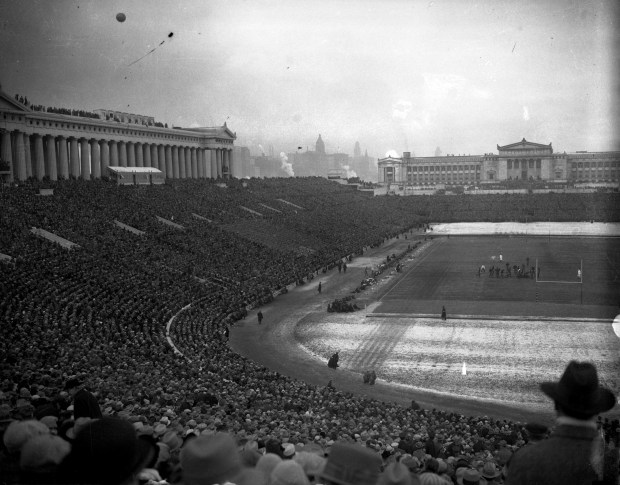 The official dedication ceremony for Soldier Field was held on Nov. 27, 1926, in front of a crowd of 110,000 during the Army vs Navy game. The game ended in a 21-21 tie. The field first opened as Municipal Grant Park Stadium on Oct. 9, 1924. (Chicago Herald and Examiner)