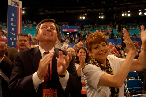 Illinois Republican Party Chairman Judy Baar Topinka, right, and Ty Fahner, left, applaud as Speaker of the House Denny Hastert is introduced at the opening session of the Republican National Convention at Madison Square Garden in New York on Aug. 30, 2004. (Pete Souza/Chicago Tribune)