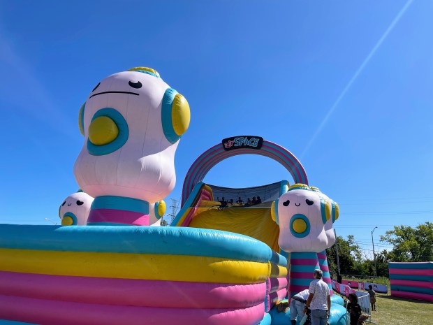 A near 40-foot slide at the Big Bounce America tour stop in Skokie at Skokie Sports Park. The tour stop began on Aug. 31 and is scheduled to go on until Sept. 8. (Richard Requena/Pioneer Press)