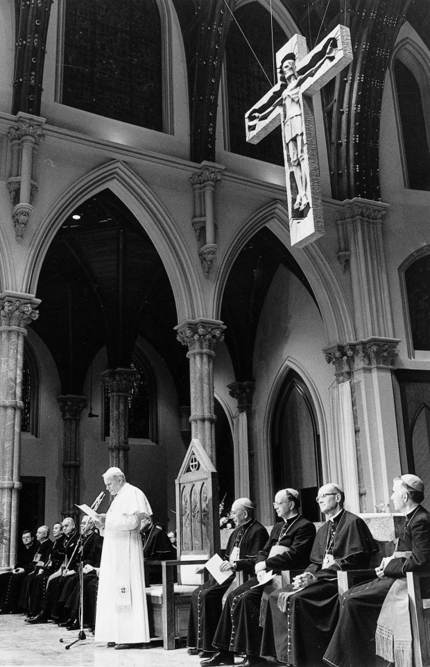 Pope John Paul II speaks at Holy Name Cathedral in 1979, during his visit to Chicago. (Chicago Tribune historical photo)