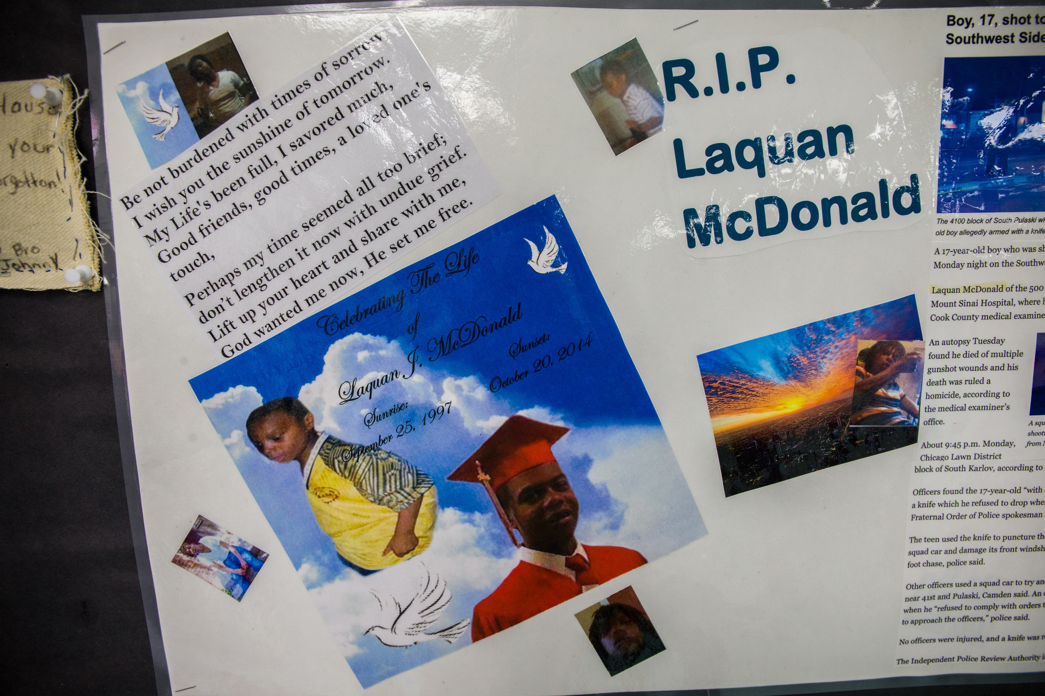 A memorial for 17-year-old Laquan McDonald is posted in the hallway...