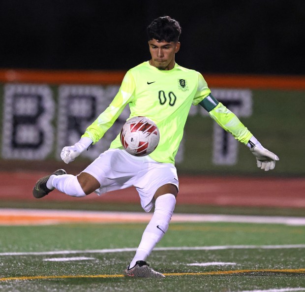 Bartlett's Adan Rueda (18) fills in as goal keeper during a non conference game against St. Charles East in St, Charles on Wednesday, Oct. 9, 2024. (H. Rick Bamman/for the Beacon-News)