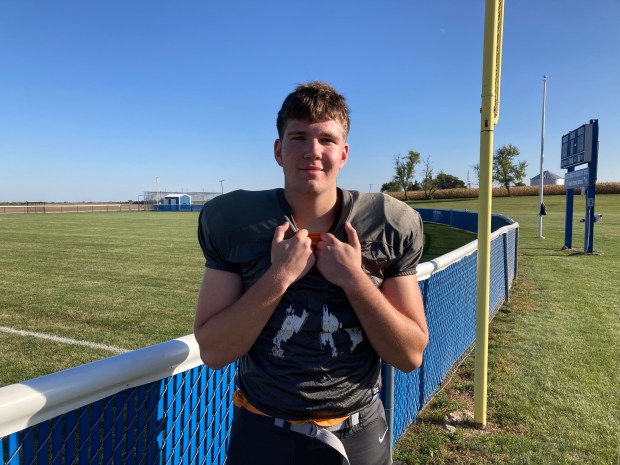 Burlington Central's Zach Hultgren, a 6-foot-5, 280-pound junior who has five offers amid growing recruiting interest, gets ready for practice on Tuesday, Oct. 8, 2024. (Rick Armstrong / The Beacon-News)