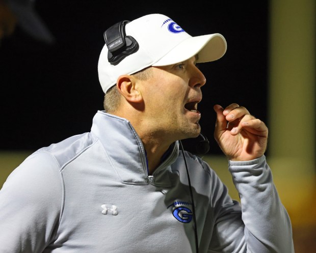 Geneva head coach Boone Thorgesen reacts in the first half against Batavia during a DuKane Conference game in Batavia on Friday, Oct. 4, 2024.(H. Rick Bamman / The Beacon-News)