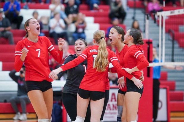 Aurora Christian players celebrate after scoring a point against Wheaton Academy during a volleyball match at Aurora Christian High School on Monday, Sep 30, 2024. (Sean King / for The Beacon-News)