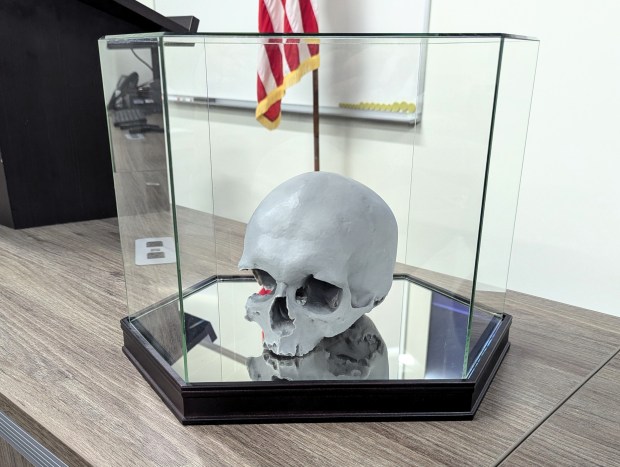 A resin replica of the skull which was found hidden in the wall of a Batavia home in the late 1970s was on display at a press conference on Thursday given by the Kane County Coroner's Office. At the event, the coroner said the skull found in the home has been identified as that of Esther Granger, an Indiana teen who died in the 1860s. (R. Christian Smith / The Beacon-News)