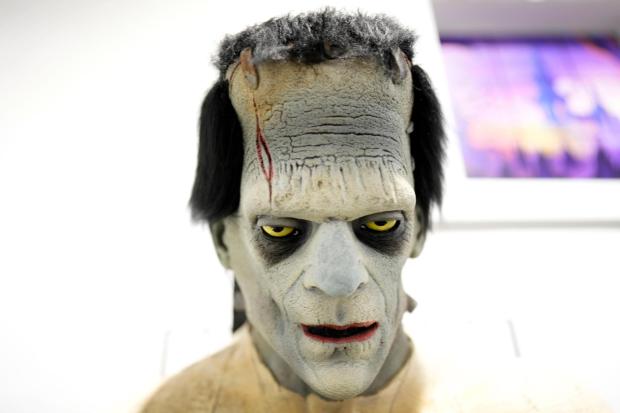 A Frankenstein mask is seen on display at The Theatrical Shop, Tuesday, Oct. 29, 2024, in West Des Moines, Iowa. (AP Photo/Charlie Neibergall)