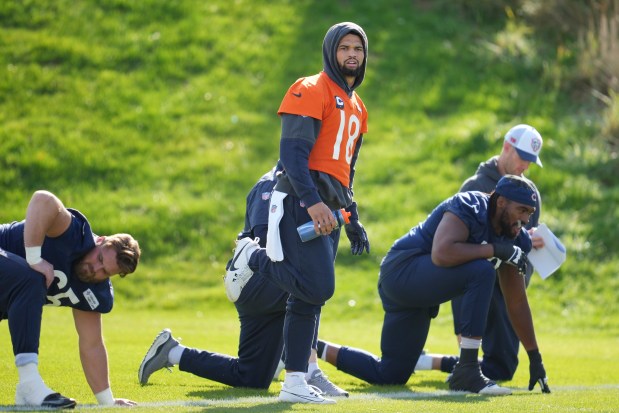 Bears quarterback Caleb Williams during practice in Ware, England, on Oct. 11, 2024. (AP Photo/Kin Cheung)