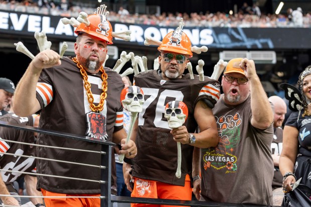 Cleveland fans watch the Browns play the Las Raiders on Sept. 29, 2024. (AP Photo/Jeff Lewis)