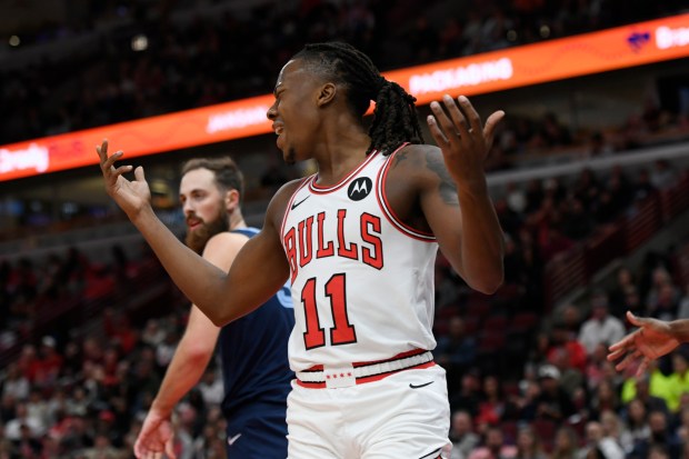 Ayo Dosunmu argues a call during the first half of a preseason game against the Grizzlies on Oct. 12, 2024. (AP Photo/Paul Beaty)