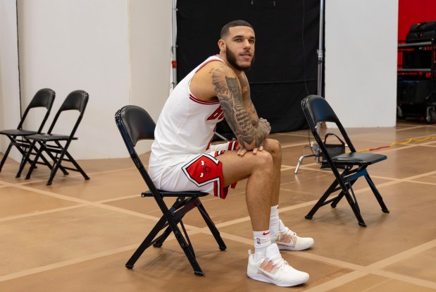 Lonzo Ball waits his turn for pictures at Bulls media day on Sept. 30, 2024, at the Advocate Center. (Brian Cassella/Chicago Tribune)