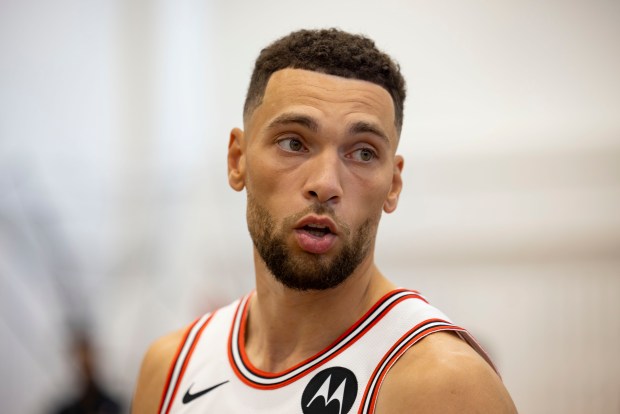 Zach LaVine arrives Monday, Sept. 30, 2024, during Bulls media day at the Advocate Center. (Brian Cassella/Chicago Tribune)