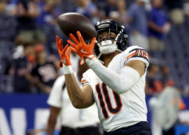 Bears wide receiver Tyler Scott practices over-the-shoulder catches before a game against the Colts at Lucas Oil Stadium on Sept. 22, 2024, in Indianapolis. (Stacey Wescott/Chicago Tribune)