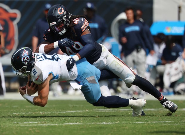 Bears linebacker Tremaine Edmunds tackles Titans quarterback Will Levis in the third quarter on Sept. 8, 2024, at Soldier Field. (Chris Sweda/Chicago Tribune)