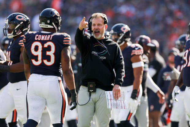 Bears coach Matt Eberflus points toward the end zone after cornerback Kyler Gordon recovered a fumble during the fourth quarter against the Panthers on Oct. 6, 2024, at Soldier Field. (Armando L. Sanchez/Chicago Tribune)