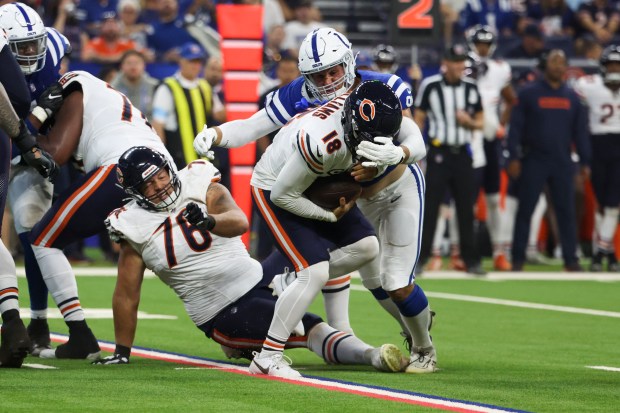 Colts defensive tackle Taven Bryan sacks Bears quarterback Caleb Williams during the first quarter on Sept. 22, 2024, in Indianapolis. (Eileen T. Meslar/Chicago Tribune)