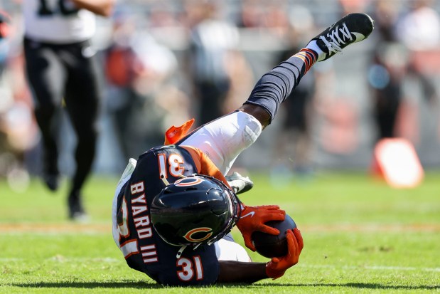 Bears safety Kevin Byard intercepts a pass by the Panthers on Oct. 6, 2024, at Soldier Field. (Armando L. Sanchez/Chicago Tribune)