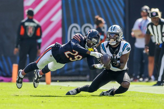 Bears cornerback Tyrique Stevenson guards Panthers wide receiver Diontae Johnson while he misses a pass on fourth down during the second quarter at Soldier Field on Oct. 6, 2024. (Armando L. Sanchez/Chicago Tribune)