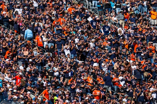 Fans watch from the stands while the Chicago Bears play the Carolina Panthers during the first quarter at Soldier Field Sunday Oct. 6, 2024, in Chicago. (Armando L. Sanchez/Chicago Tribune)