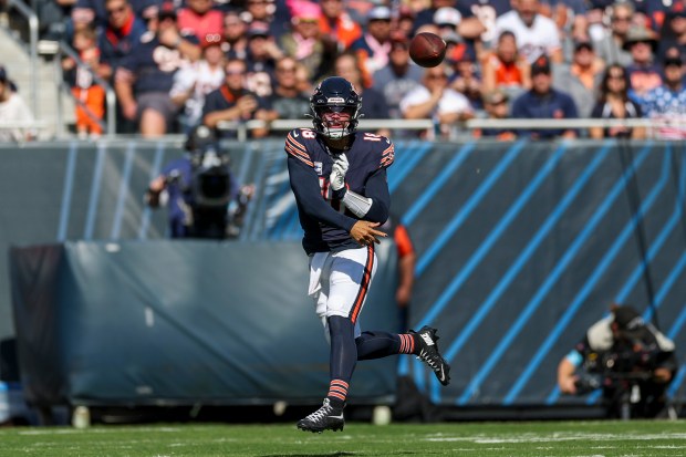 Chicago Bears quarterback Caleb Williams (18) throws a pass during the first quarter against the Carolina Panthers at Soldier Field Sunday Oct. 6, 2024, in Chicago. (Armando L. Sanchez/Chicago Tribune)