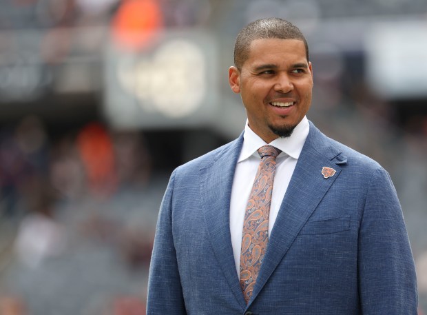 Bears general manager Ryan Poles before the game against the Rams on Sept. 29, 2024, at Soldier Field. (Brian Cassella/Chicago Tribune)