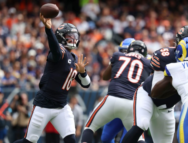 Chicago Bears quarterback Caleb Williams passes against the Los Angeles Rams in the first quarter Sunday, Sept. 29, 2024, at Soldier Field. (Brian Cassella/Chicago Tribune)