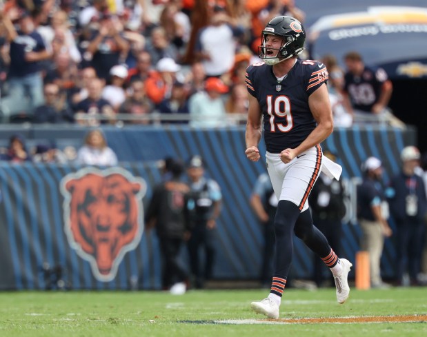 Bears punter Tory Taylor celebrates his 66-yard punt in the fourth quarter against the Rams on Sept. 29, 2024, at Soldier Field. (Brian Cassella/Chicago Tribune)