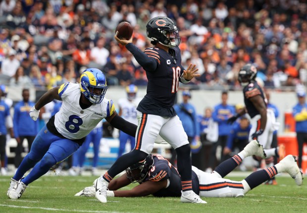 Chicago Bears quarterback Caleb Williams (18) passes in the third quarter Sunday, Sept. 29, 2024, at Soldier Field. (Brian Cassella/Chicago Tribune)