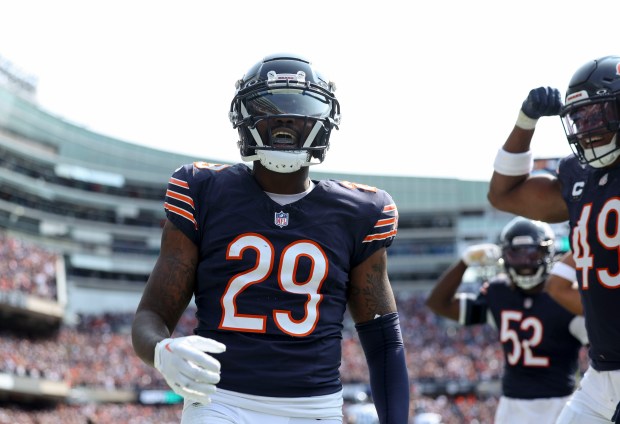 Bears cornerback Tyrique Stevenson celebrates after scoring the winning touchdown on an interception return against the Titans in the fourth quarter Sept. 8, 2024, at Soldier Field. (Brian Cassella/Chicago Tribune)