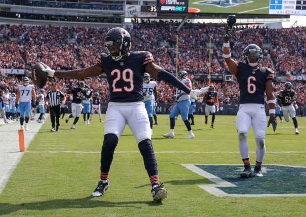 Chicago Bears cornerback Tyrique Stevenson (29) celebrates scoring the winning touchdown on an interception return against the Tennessee Titans in the fourth quarter Sunday, Sept. 8, 2024, at Soldier Field. The Bears defeated the Titans 24-17. (Brian Cassella/Chicago Tribune)