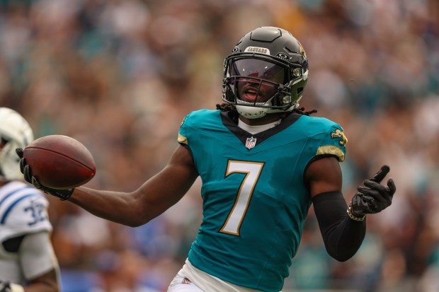 Jaguars wide receiver Brian Thomas Jr. scores on a pass play against the Colts on Oct. 6, 2024, in Jacksonville, Fla. (AP Photo/Gary McCullough)