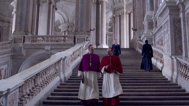 Brian F. O'Byrne and Ralph Fiennes in "Conclave." (Focus Features)