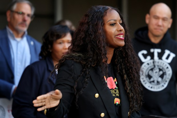 President of the Chicago Teachers Union Stacy Davis Gates speaks during a press conference outside the Garfield Park office on Oct. 11, 2024. (Antonio Perez/Chicago Tribune)