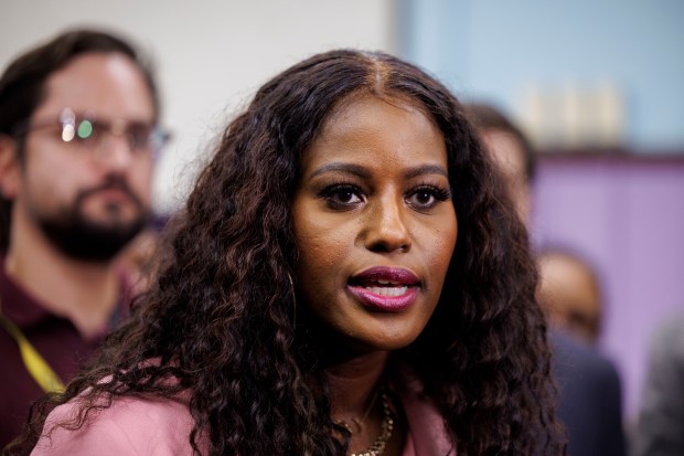 Chicago Teachers Union President Stacy Davis Gates, center, talks to reporters after a bargaining session on sustainable community schools with members of the union and Chicago Public Schools at Cameron Elementary School on Sept. 24, 2024. (Armando L. Sanchez/Chicago Tribune)