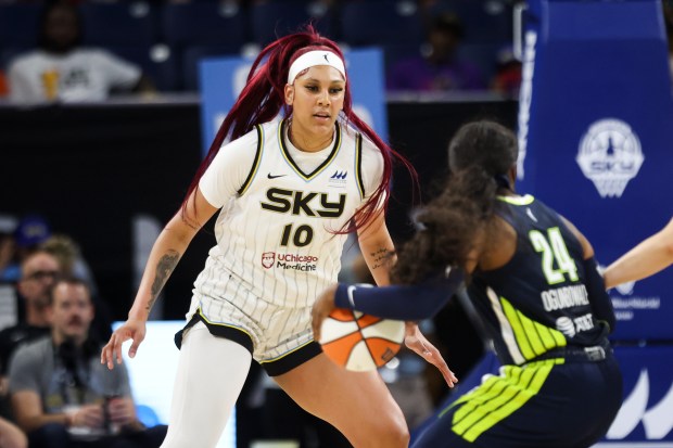 Chicago Sky center Kamilla Cardoso guards Dallas Wings guard Arike Ogunbowale during the game at Wintrust Arena on June 20, 2024. (Eileen T. Meslar/Chicago Tribune)