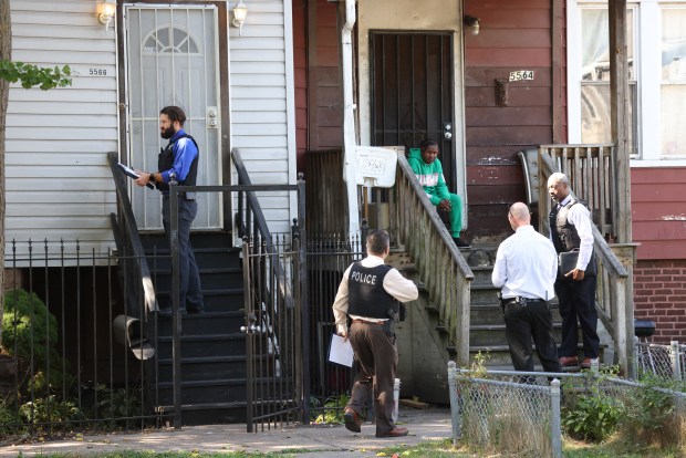 A Chicago police officer was shot during an exchange of gunfire with an offender in the 5600 block of South Shields Avenue in Englewood, Oct. 3, 2024. (Antonio Perez/Chicago Tribune)