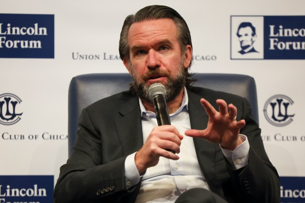 Danny Wirtz, chairman and CEO of the Blackhawks, answers a question during a discussion about "The 1901 Project" on Oct. 2, 2024, at the Union League Club in the Loop. (Eileen T. Meslar/Chicago Tribune)