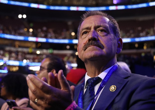 U.S. Rep, Jesús "Chuy" García applauds Aug. 19, 2024 during the Democratic National Convention at the United Center. (Brian Cassella/Chicago Tribune)