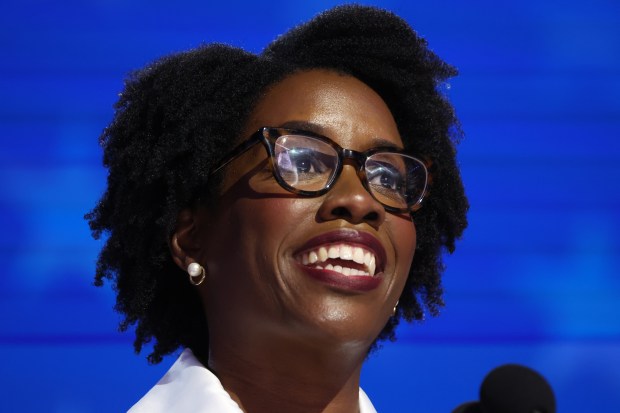 U.S. Rep. Lauren Underwood speaks Aug. 19, 2024 at the Democratic National Convention at the United Center. (Brian Cassella/Chicago Tribune)