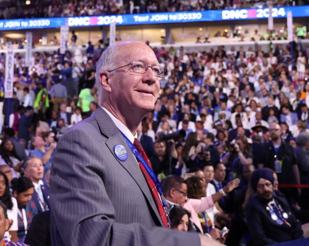 U.S. Rep. Bill Foster stands on the floor during the Democratic National Convention at the United Center on Aug. 22, 2024. (Brian Cassella/Chicago Tribune)